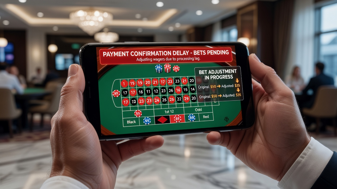 Spieler passt Einsätze an einem mobilen Live-Roulette-Tisch an, während Zahlungsbestätigung lädt